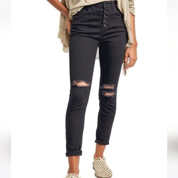 We The Free People Sabrina Super Skinny Black Distressed Jeans Womens 25 - Picture 1 of 14